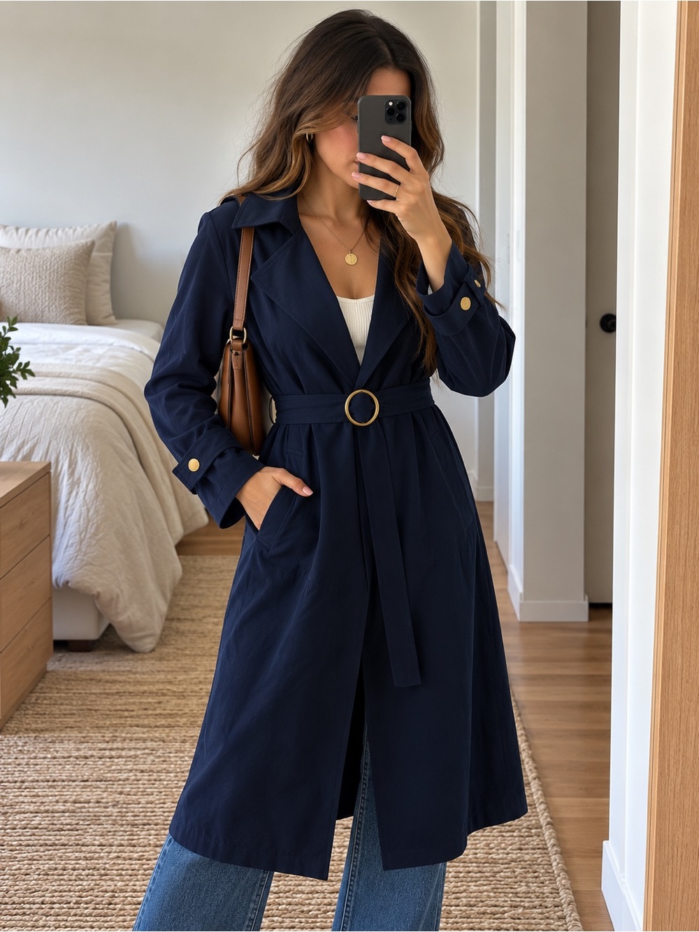Sam Edelman Navy Blue Belted Trench Coat Gold Hardware Size Medium